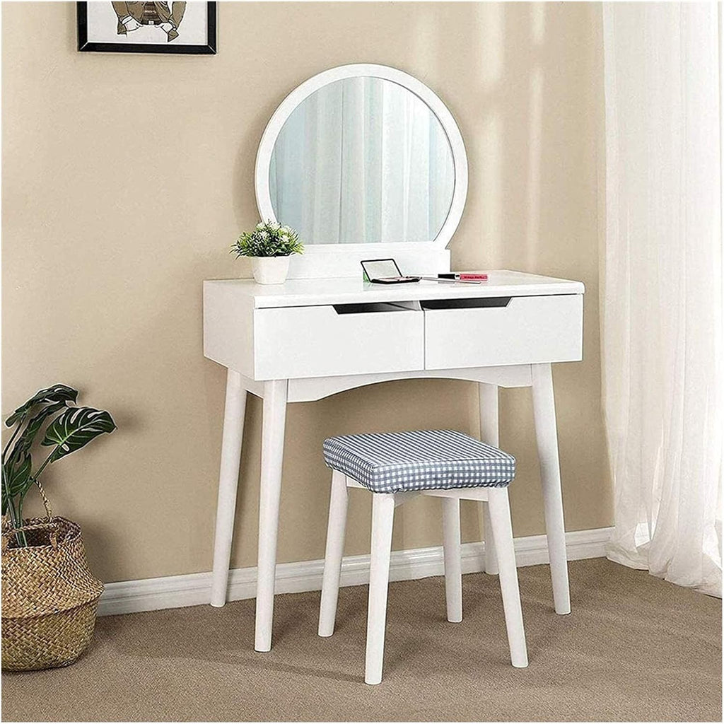 Round Mirror Vanity Table Set Sliding Drawers Makeup Dressing Table with Cushioned Stool Vanity Benches for Bedroom