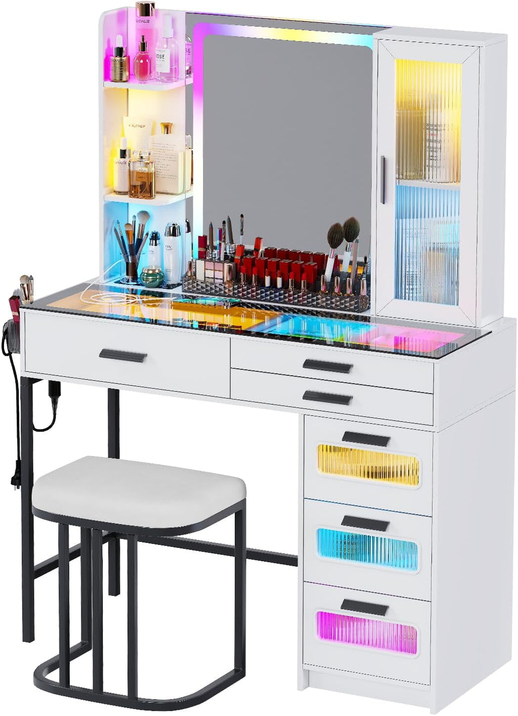 White Makeup Vanity Desk with Mirror and Lights,Vanity Table Set with Charging Station, Dressing Table with RGB Cabinets,Girls Vanity with Makeup Organizer and Drawers