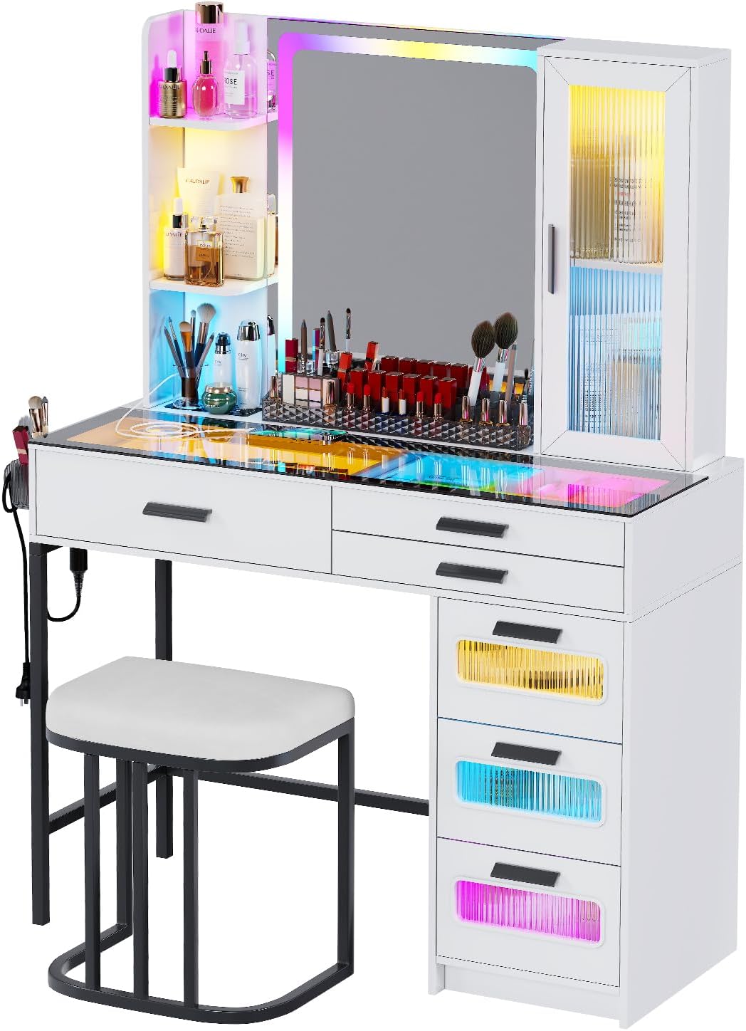 White Makeup Vanity Desk with Mirror and Lights,Vanity Table Set with Charging Station, Dressing Table with RGB Cabinets,Girls Vanity with Makeup Organizer and Drawers