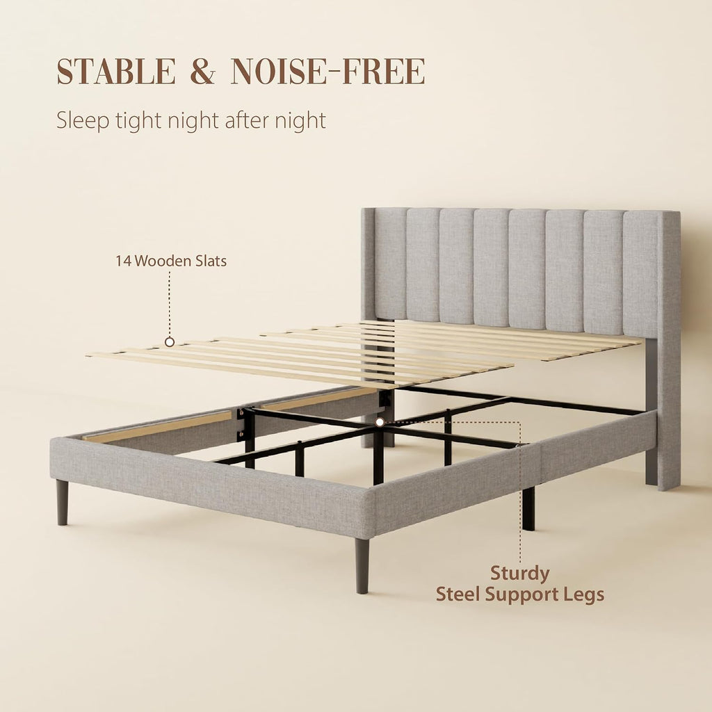 Sismplly Full Size Bed Frame and Headboard,Vertical Channel Tufted Wingback No Box Spring Needed, Mattress Foundation, Easy Assembly Light Grey, Linen