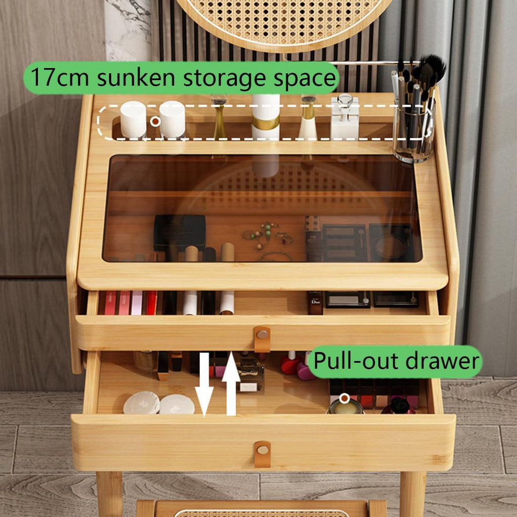 Japanese Vanity Desk, Dressing Table with Stool, Creative Dressing Mirror, Glass Countertop, Vanities & Vanity Benches, Sunken Storage Area