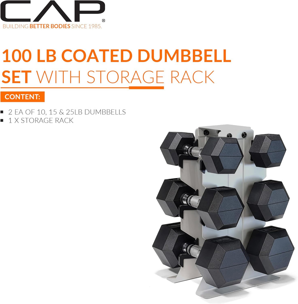 CAP Dumbbell Set with Rack, Rubber Coated Hex Free Weight Set | 100–300 lb Options, Vertical Space-Saving Storage for Home Gym Strength Training