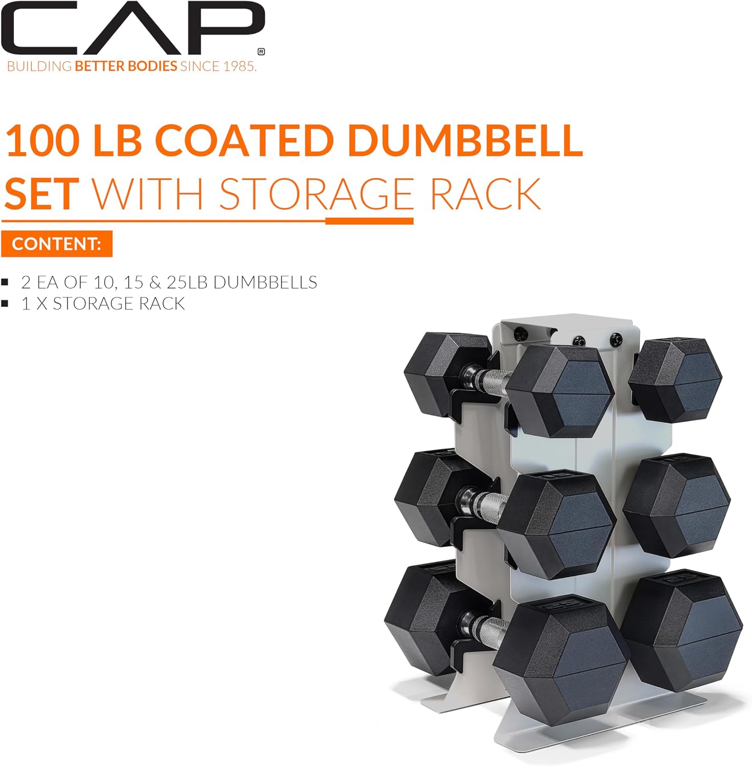 CAP Dumbbell Set with Rack, Rubber Coated Hex Free Weight Set | 100–300 lb Options, Vertical Space-Saving Storage for Home Gym Strength Training