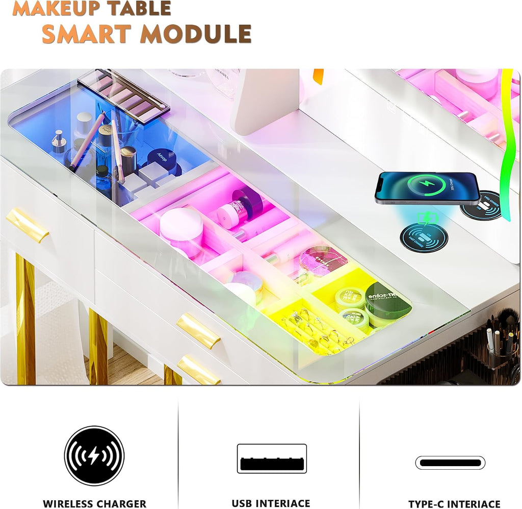 RGB Makeup Vanity Desk with Wireless Charging Station,7 Dynamic and 7 Static Dimmable Vanity Table with Visible Glass Top,Auto Sensor LED Make up Vanity with Mirror and Lights,Stool
