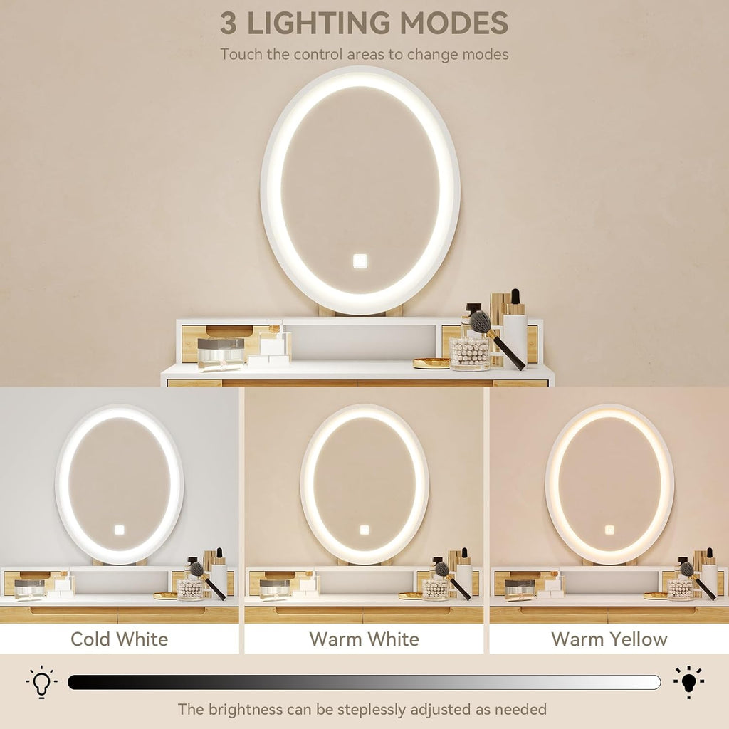 YOURLITE Makeup Vanity Desk with Lights, Small Vanity with Adjustable Brightness Mirror for Small Spaces, Dressing Table with Drawers (31.5', Oval Mirror Wood)