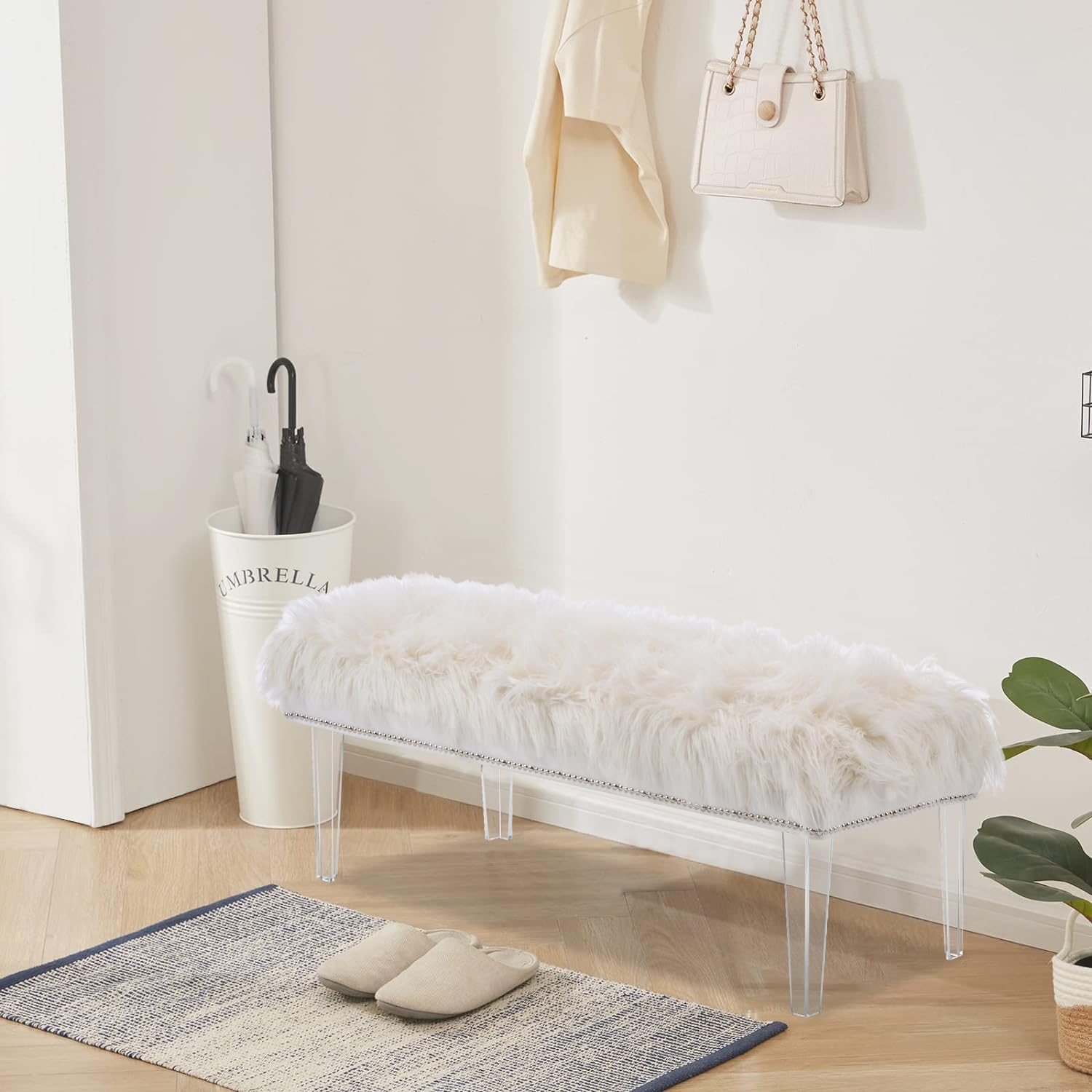 46 Inch White Bedroom Bench, Benches for Bedroom White Faux Fur Upholstered Bed end Bench, Tufting Ottoman Bench Indoor Bench with Acrylic Legs for Living Room Bedroom Entryway