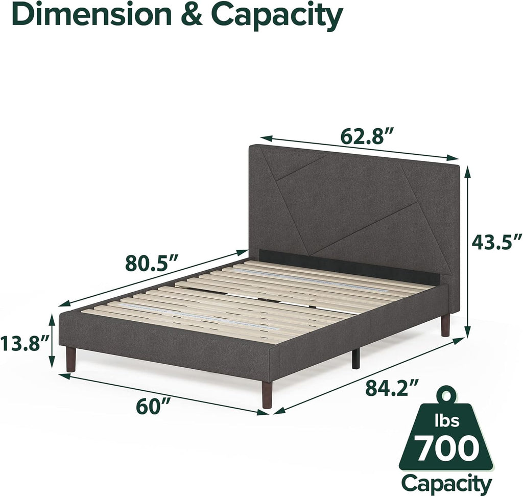 Zinus Judy Upholstered Platform Bed Frame, Mattress Foundation, Wood Slat Support, No Box Spring Needed, Easy Assembly, Queen