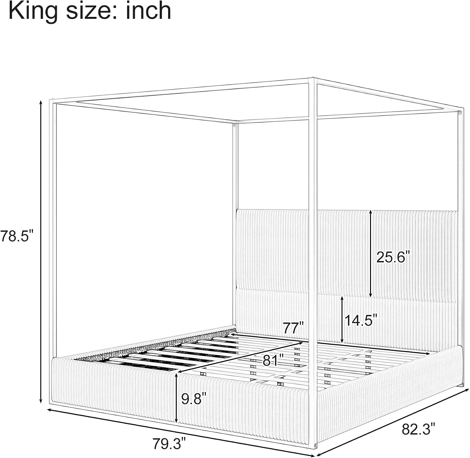Modern Luxury 4-Poster Canopy Platform Bed King Size with Velvet Upholstered Tall Headboard, Metal Canopied Design Platform Bed Frame with Strong Slats Support (White+Black+King)