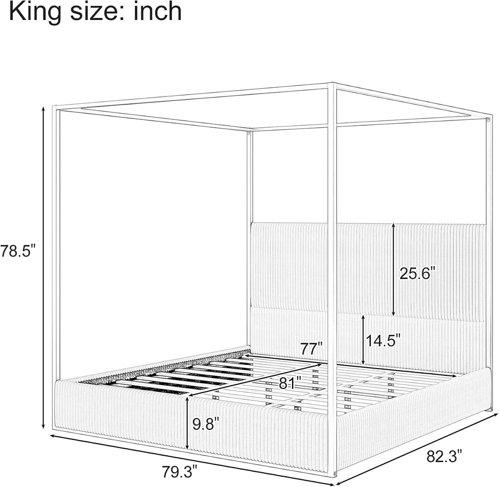 LUMISOL King Size Canopy Bed Frame, Metal 4 Poster Bed with Tall Upholstered Headboard, Corduroy Upholstered Canopy Platform Bed, No Box Spring Needed, Black + White