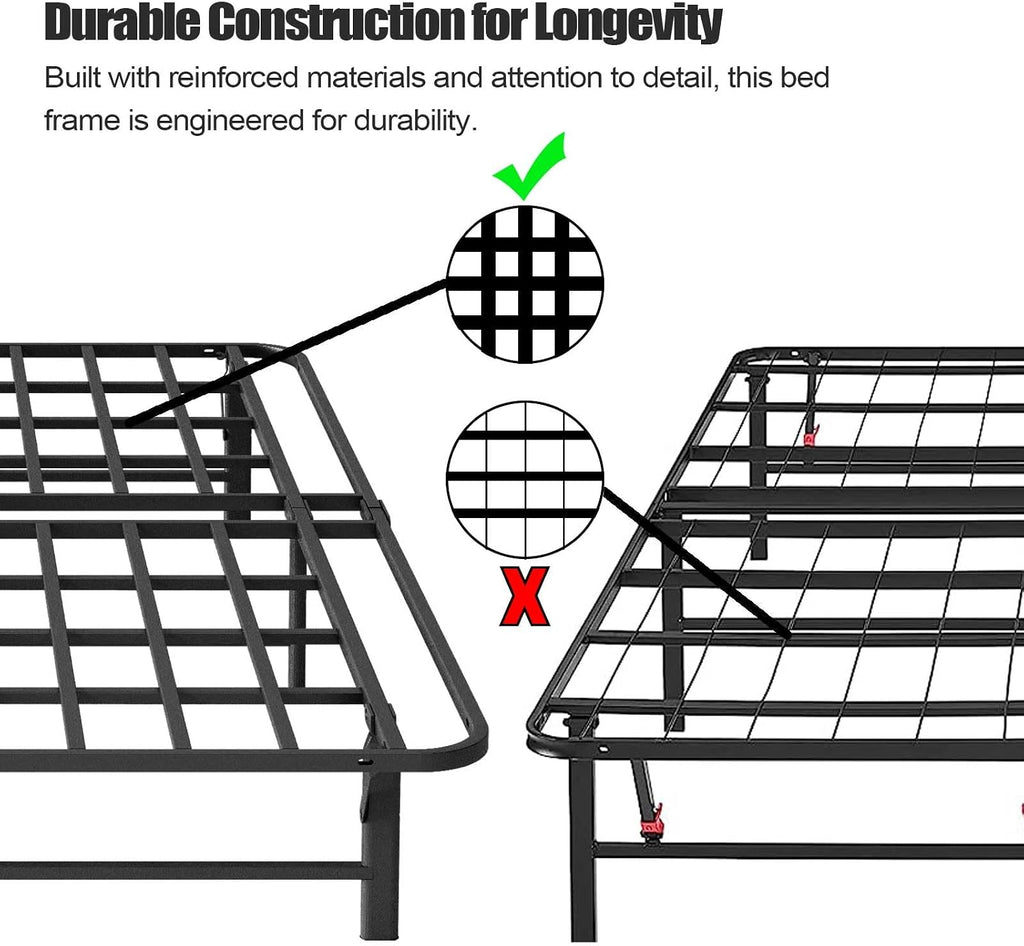 ZIYOO Heavy Duty Folding Bed Frame Queen Size, 16' High Sturdy Steel Slats Support for Mattress, Metal Platform Bed Frame Queen Size, No Box Spring Needed, Quick Assembly, Noise Free, Black