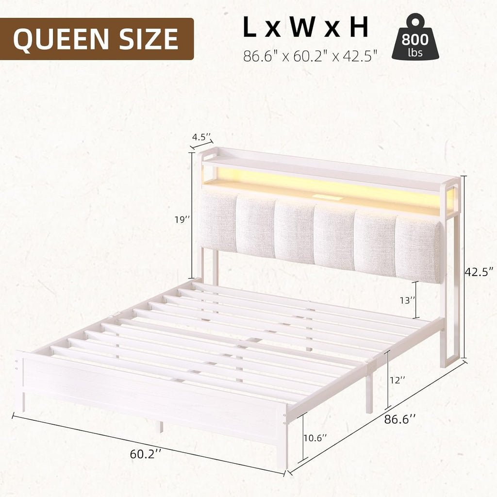 IMMERSTABLE Queen Bed Frames with LED Lights and Charging Station, Metal Platform Queen Size Bed Frame with Upholstered Storage Headboard, Heavy Duty Metal Slat Support, Easy Assembly, White
