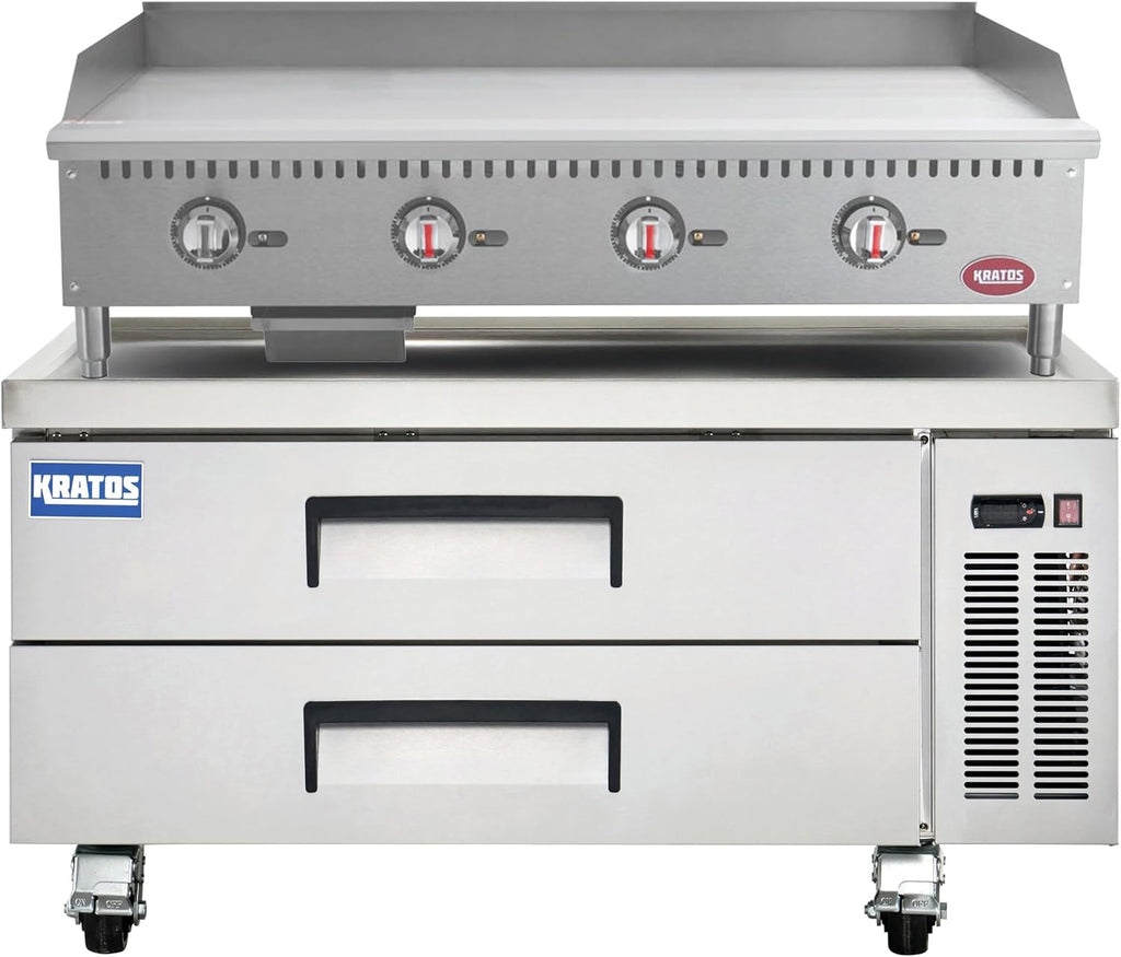 Kratos Commercial Refrigerator, 48' Wide Two Drawer Chef's Base, Refrigerated Mobile Equipment Stand for Restaurants, Stainless Steel, 115V, 9.6 Cubic Ft. Capacity (67K-315)