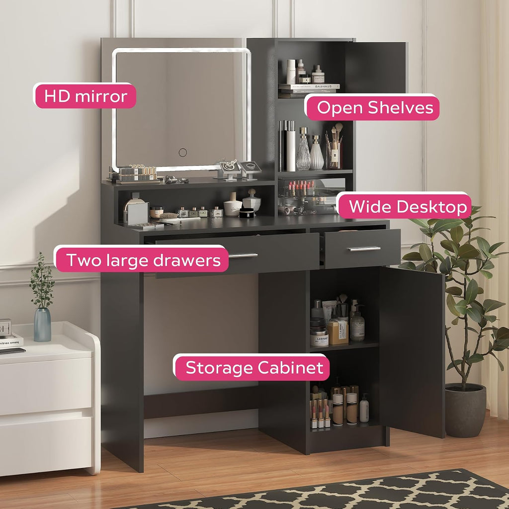 MIRROTOWEL Vanity Desk with LED Light Mirror, Dressing Table with Large Drawer & 3-Tier Storage, Adjustable Brightness 3 Lighting Modes, Modern Makeup Desk for Bedroom, Bathroom, or Living Room