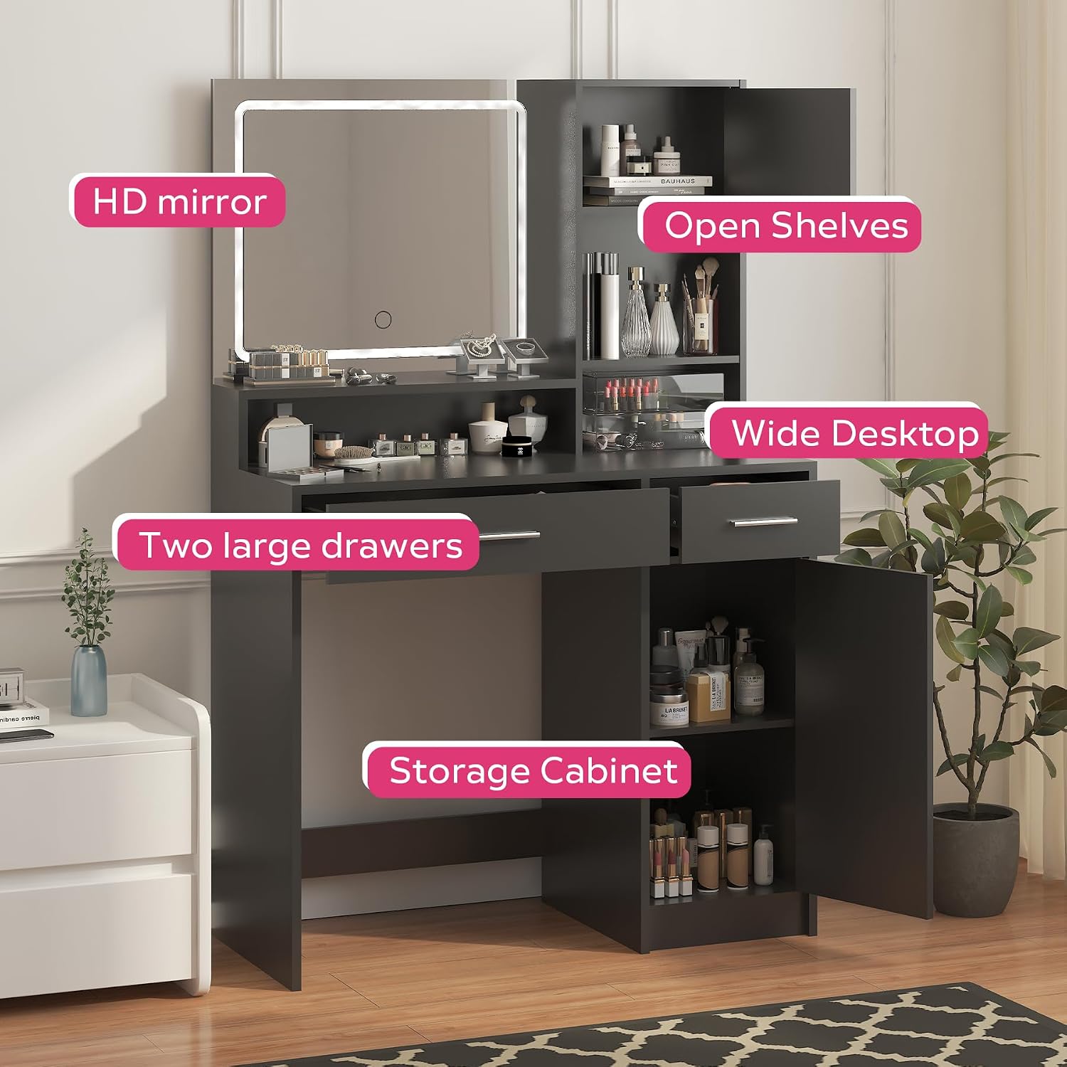 MIRROTOWEL Vanity Desk with LED Light Mirror, Dressing Table with Large Drawer & 3-Tier Storage, Adjustable Brightness 3 Lighting Modes, Modern Makeup Desk for Bedroom, Bathroom, or Living Room