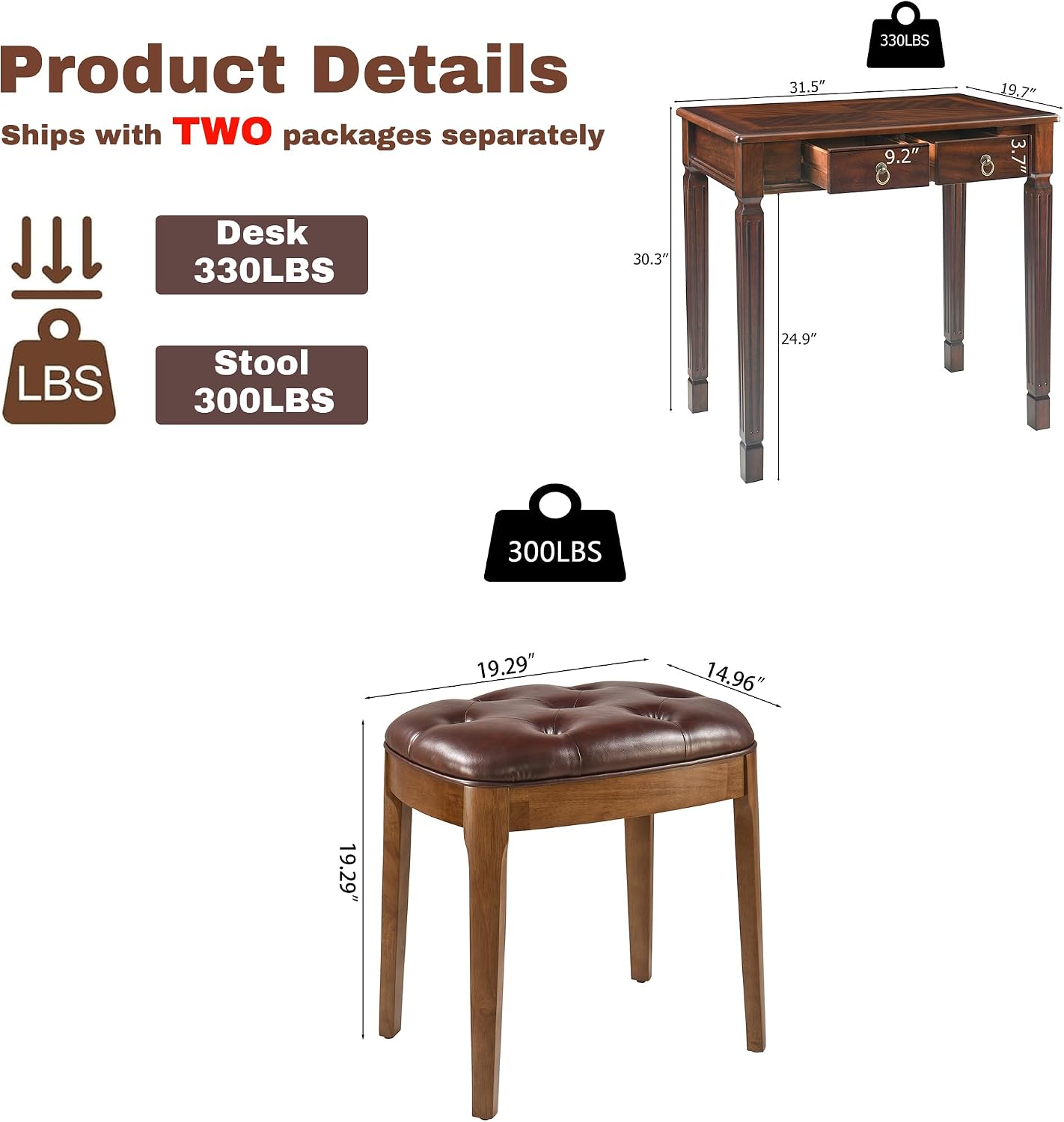 Biaco Small Wood Makeup Vanity Desk Set, Vintage Dressing Vanity Table Set with 2 Drawers & Matching Padded Bench Stool Writing Desk with Button Tufted Cushioned Stool, Cherry&Wine Red