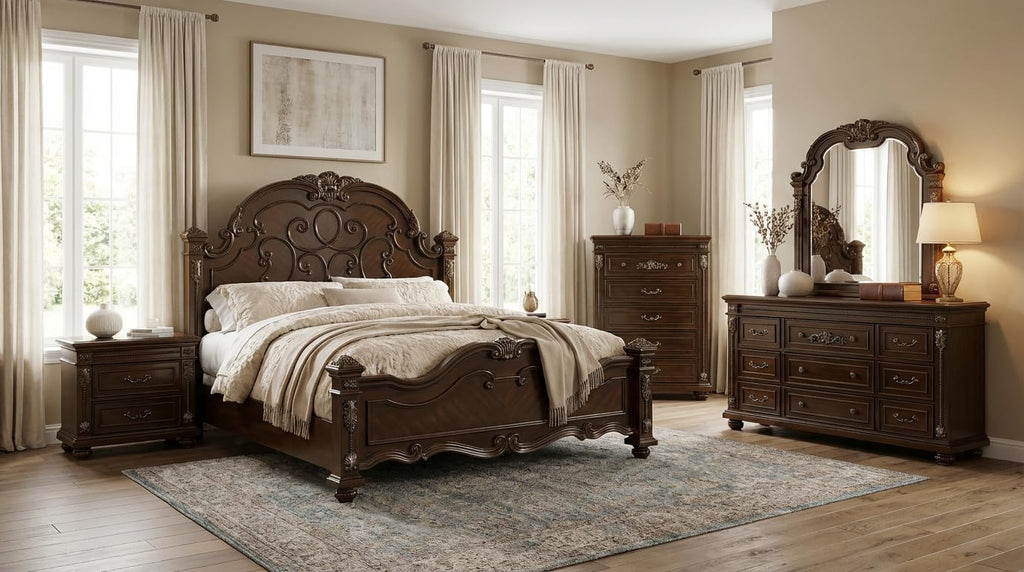 First of a Kind Isabella Traditional 4 Piece King Bedroom Set with Upholstered Tufted Headboard Elegant European Inspired Design Coordinated Furniture Collection