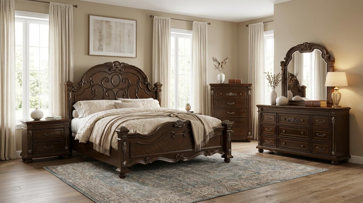 First of a Kind Isabella Traditional 4 Piece King Bedroom Set with Upholstered Tufted Headboard Elegant European Inspired Design Coordinated Furniture Collection