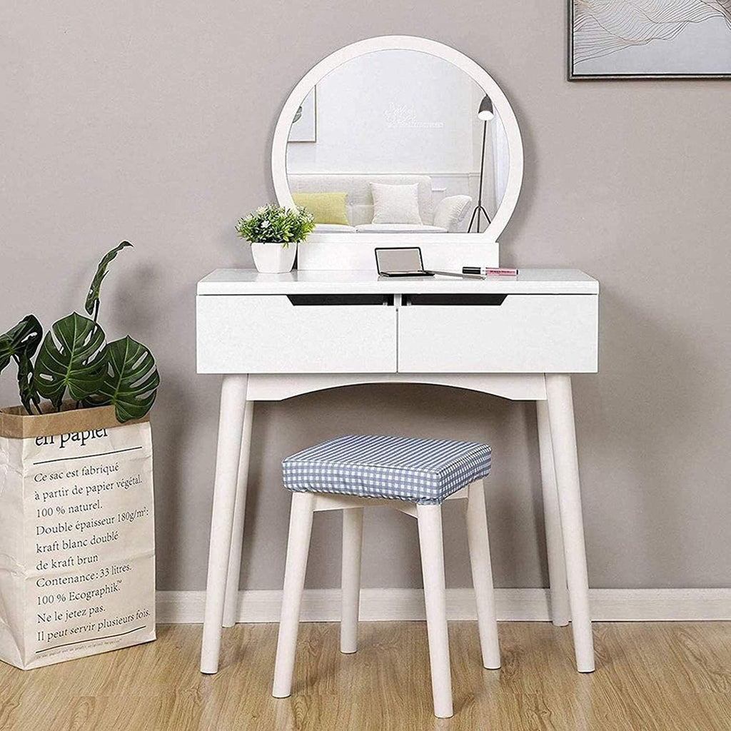 Round Mirror Vanity Table Set Sliding Drawers Makeup Dressing Table with Cushioned Stool Vanity Benches for Bedroom