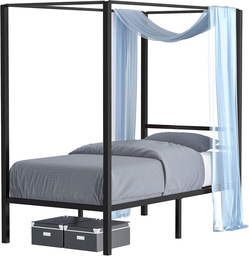 YITAHOME Metal Four Posters Canopy Bed Frame 14 Inch Platform with Built-in Headboard Strong Metal Slat Mattress Support, No Box Spring Needed, Black, Twin Size