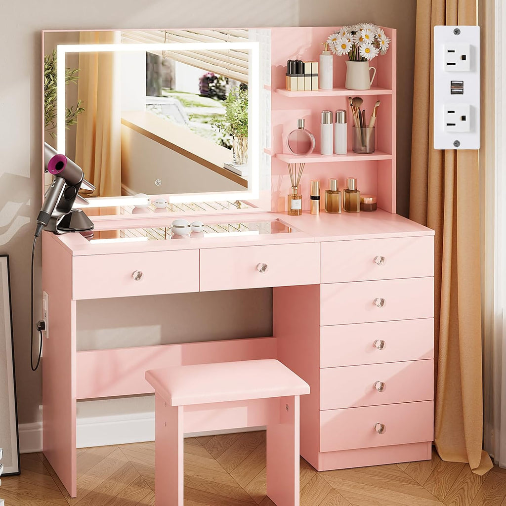 VOWNER Vanity with Mirror and Lights - 47' Glass Top Makeup Vanity Desk with 7 Drawers, 3 Storage Shelves and Outlet, 3 Color Lighting Modes Adjustable Brightness, Makeup Table for Bedroom (Pink)