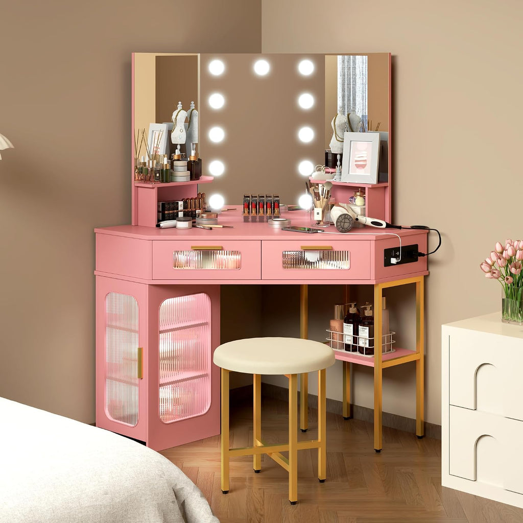 Lareth Corner Vanity Desk with 3 Way Mirror and Lights, Modern Makeup Vanity with Charging Station, Stool, 45.5' Large Bedroom Dressing Table with 2 Drawers & Shelves, Gifts for Girls Women, Pink