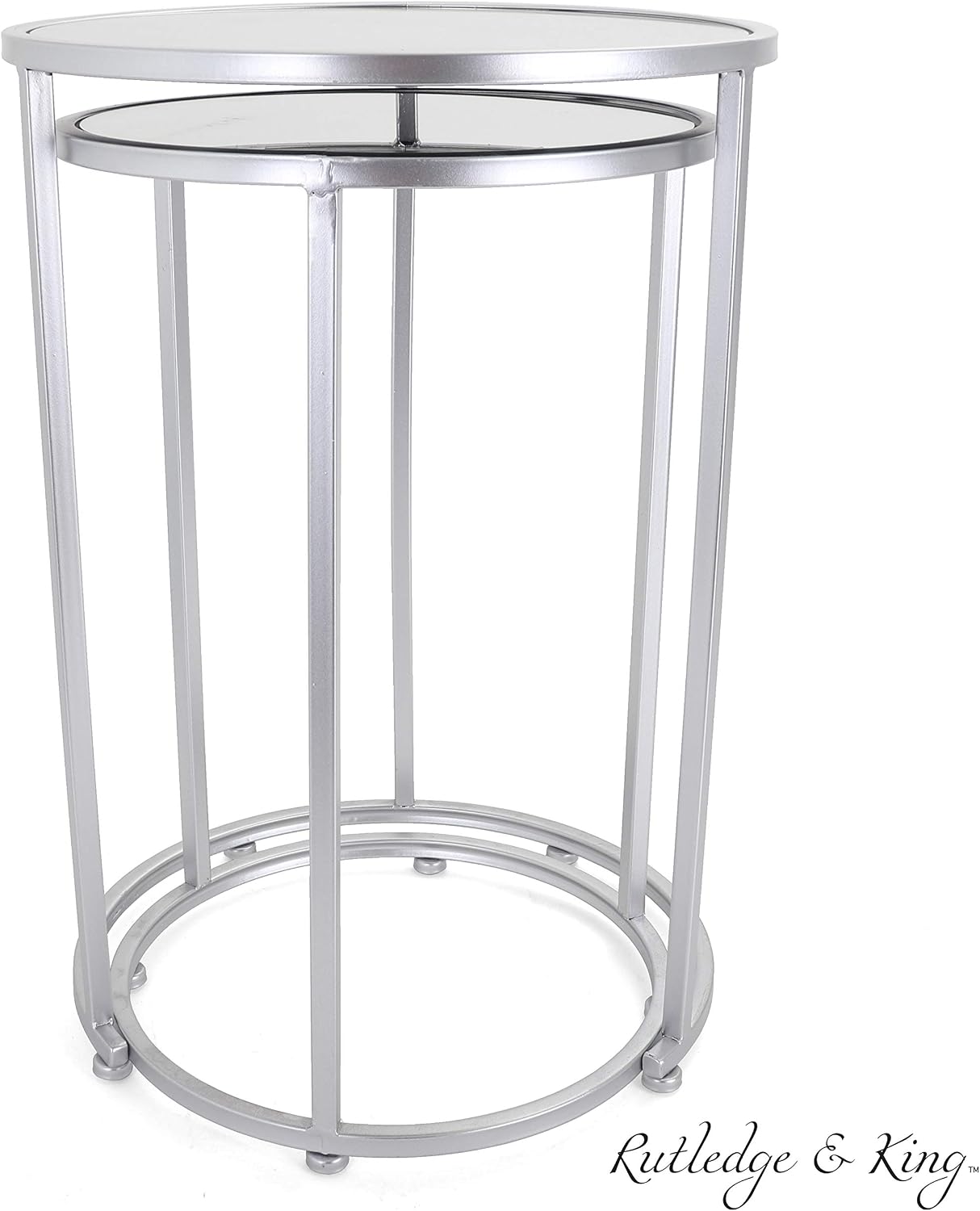 Rutledge & King Round End Table Set - Silver End Tables with Mirrored Tops - Nesting Round Accent Tables - Silver and Mirrored Metal Side Tables Odessa End Table Set