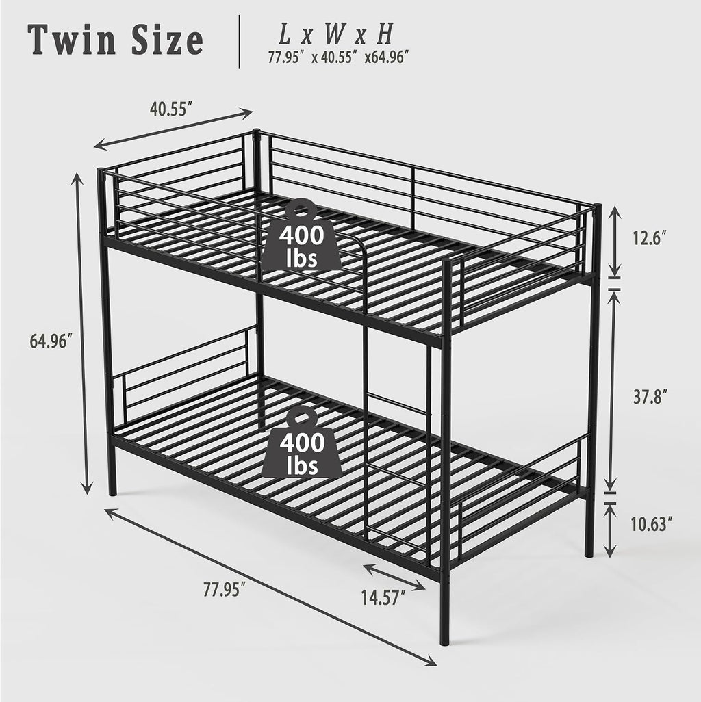 Bellemave Twin Over Twin Bunk Beds, Metal Bunk Bed Frame with Ladder and Full-Length Guardrail for Kids, Adults, Can be Split, Black