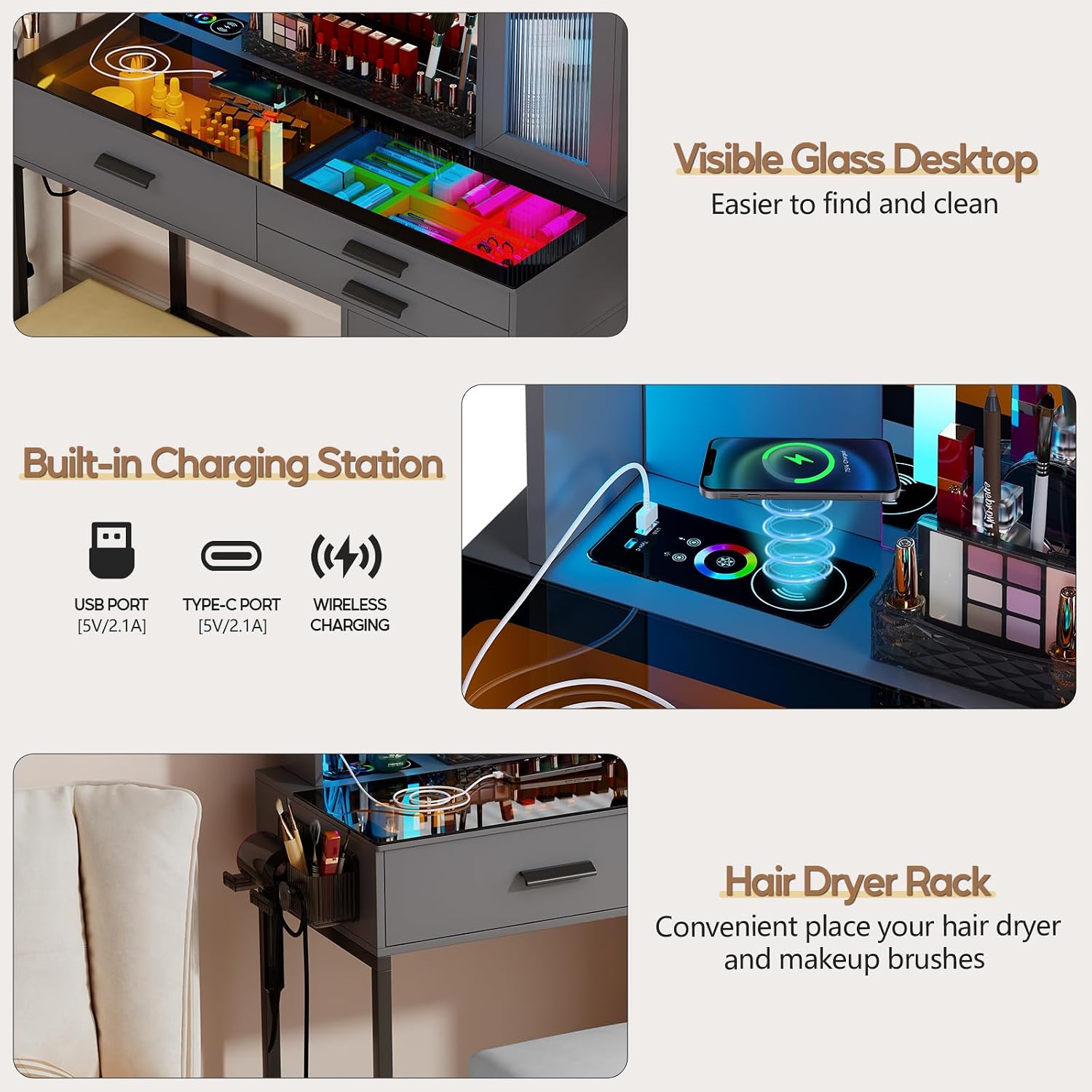 Grey Makeup Vanity Desk with Mirror and Lights,Vanity Table Set with Charging Station, Dressing Table with RGB Cabinets,Girls Vanity with Makeup Organizer and Drawers