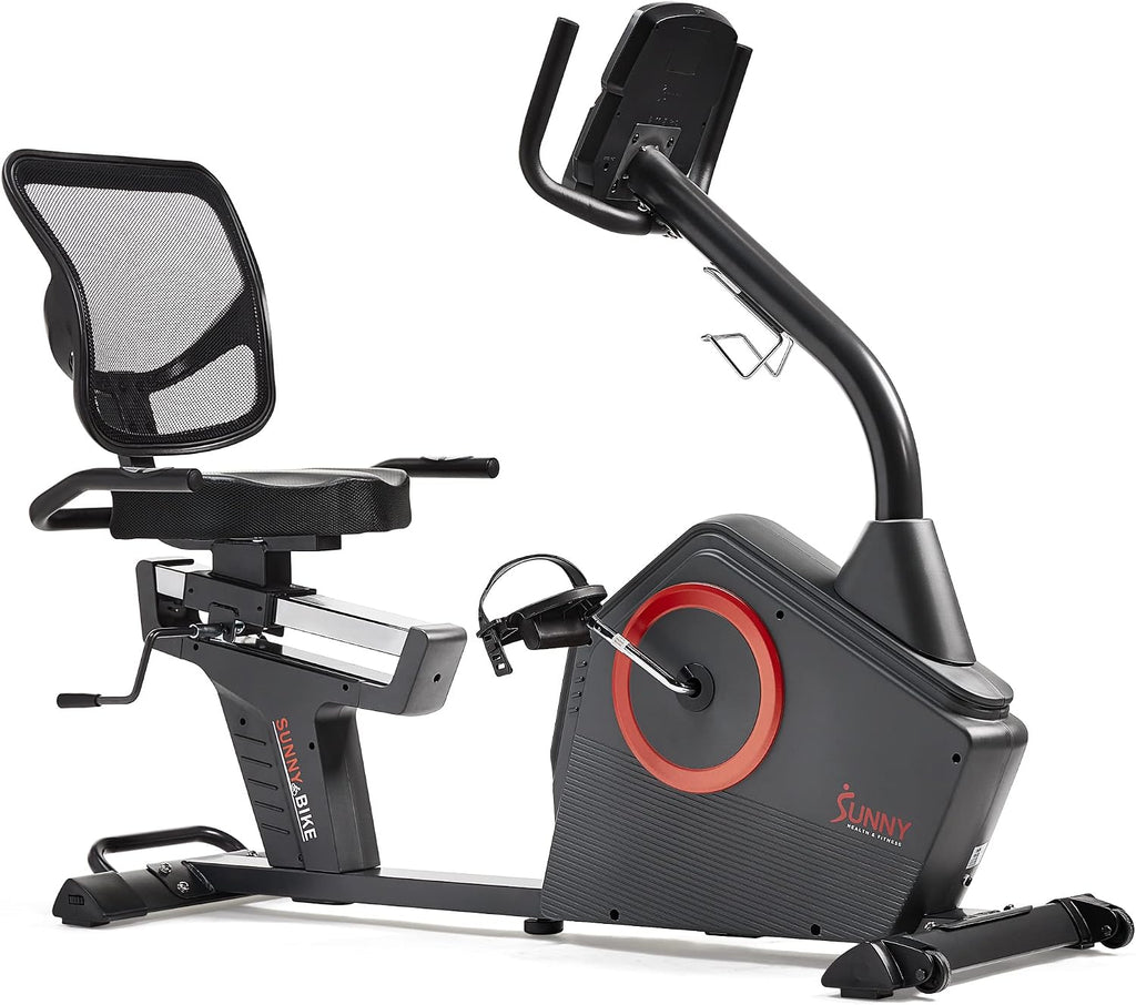 Sunny Health & Fitness Smart Recumbent Bike with Pulse Sensors, Home Cycling Workout Machine w/Cushion Seat & Mesh-Backrest, Free SunnyFit App Connection