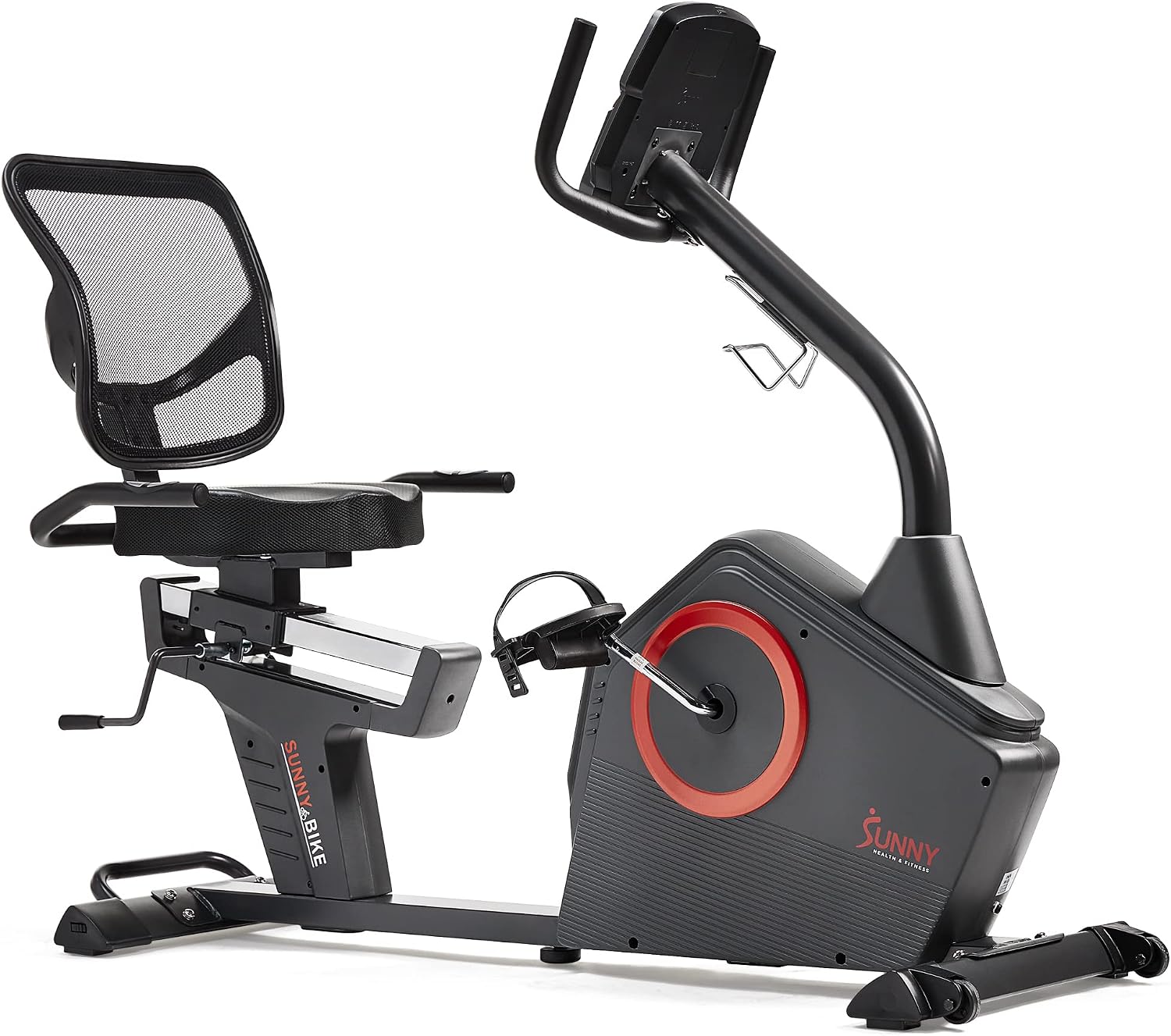 Sunny Health & Fitness Smart Recumbent Bike with Pulse Sensors, Home Cycling Workout Machine w/Cushion Seat & Mesh-Backrest, Free SunnyFit App Connection