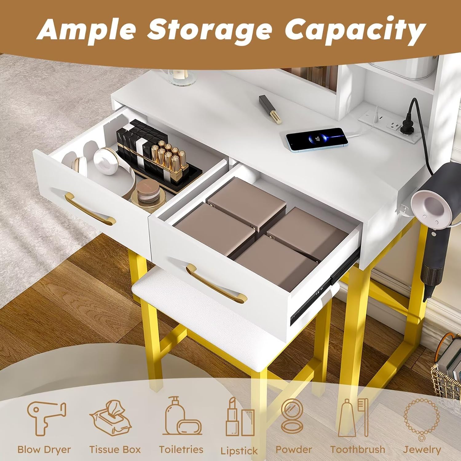 Makeup Vanity with LED Lights&3 Color and Power Outlet Makeup Vanity Table with 2 Big Drawers with Sturdy Metal Leg and Metal Chair Dressing Table for Bedroom Dressing Room