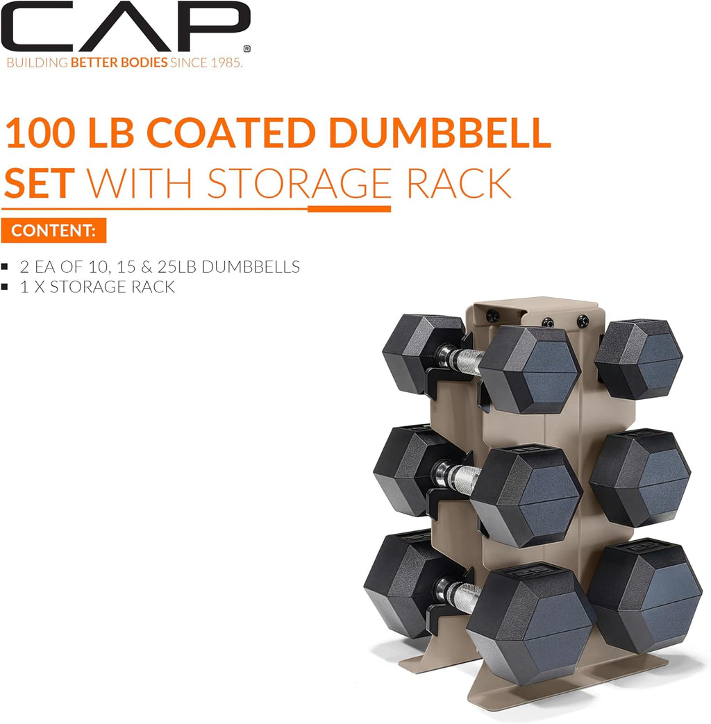 CAP Dumbbell Set with Rack, Rubber Coated Hex Free Weight Set | 100–300 lb Options, Vertical Space-Saving Storage for Home Gym Strength Training