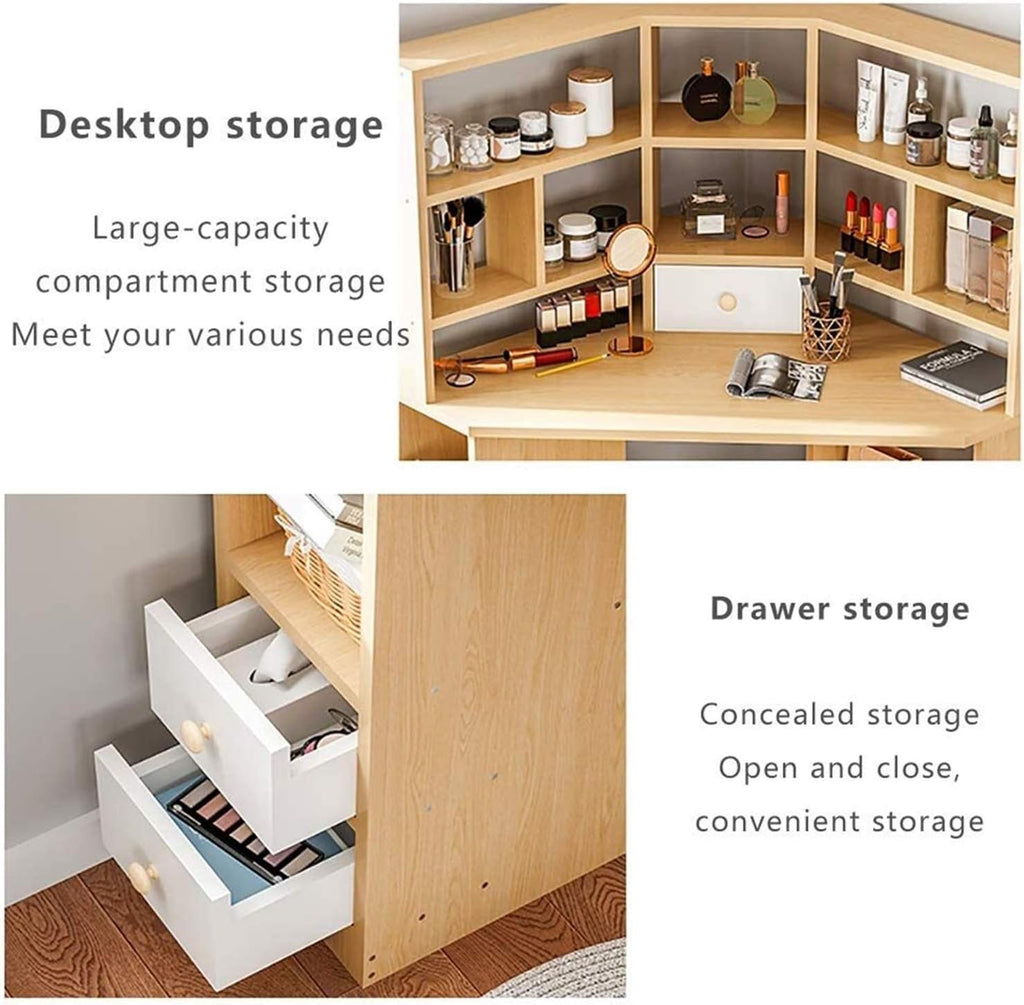 Luxury Dressing Vanity Table w/Stool for Bedroom, Corner Vanity Table, Solid Wood Dressing Table, Large Storage Organizer and Open Compartment, with Shelf Holder(D)