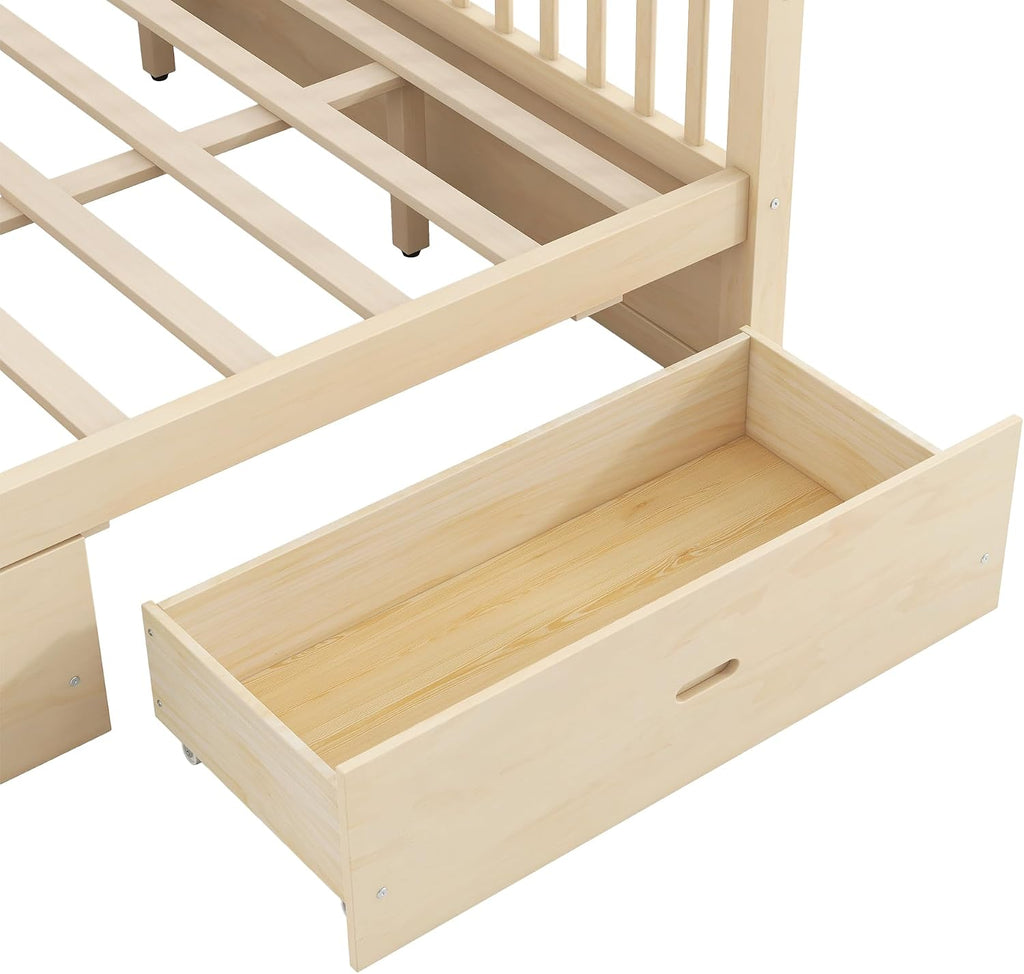 Canopy Bed with Storage Drawers, Wooden Bed Frame with Slat for Bedroom,No Spring Box Needed (Natural, King (U.S. Standard))