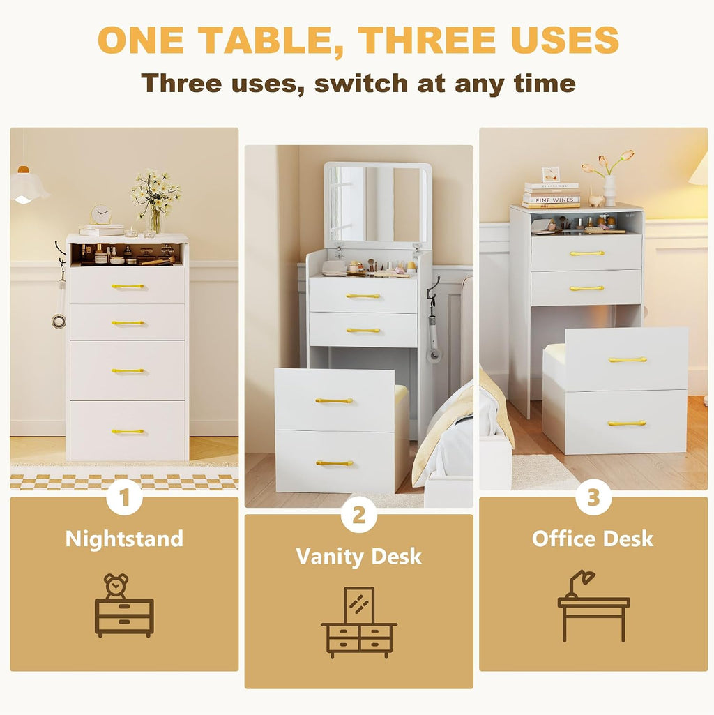 3 in 1 Make Vanity Desk with Flip Top Mirror,Glass Top Makeup Vanity Table with Cushioned Stool,Small Dressing Table with 3 Drawers,Compact Vanity Set for Apartment,Dormitory(White)