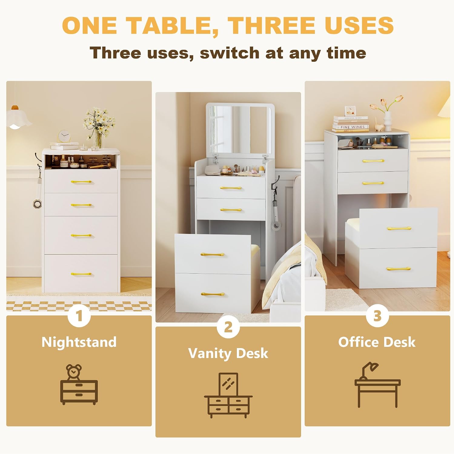 3 in 1 Make Vanity Desk with Flip Top Mirror,Glass Top Makeup Vanity Table with Cushioned Stool,Small Dressing Table with 3 Drawers,Compact Vanity Set for Apartment,Dormitory(White)