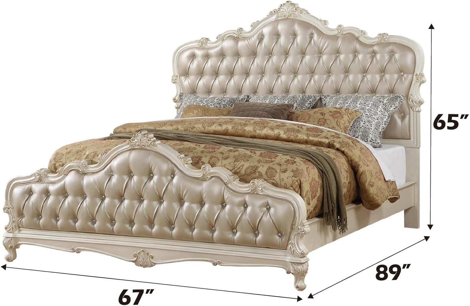 Acme Chantelle Queen Bed in Rose Gold PU & Pearl White
