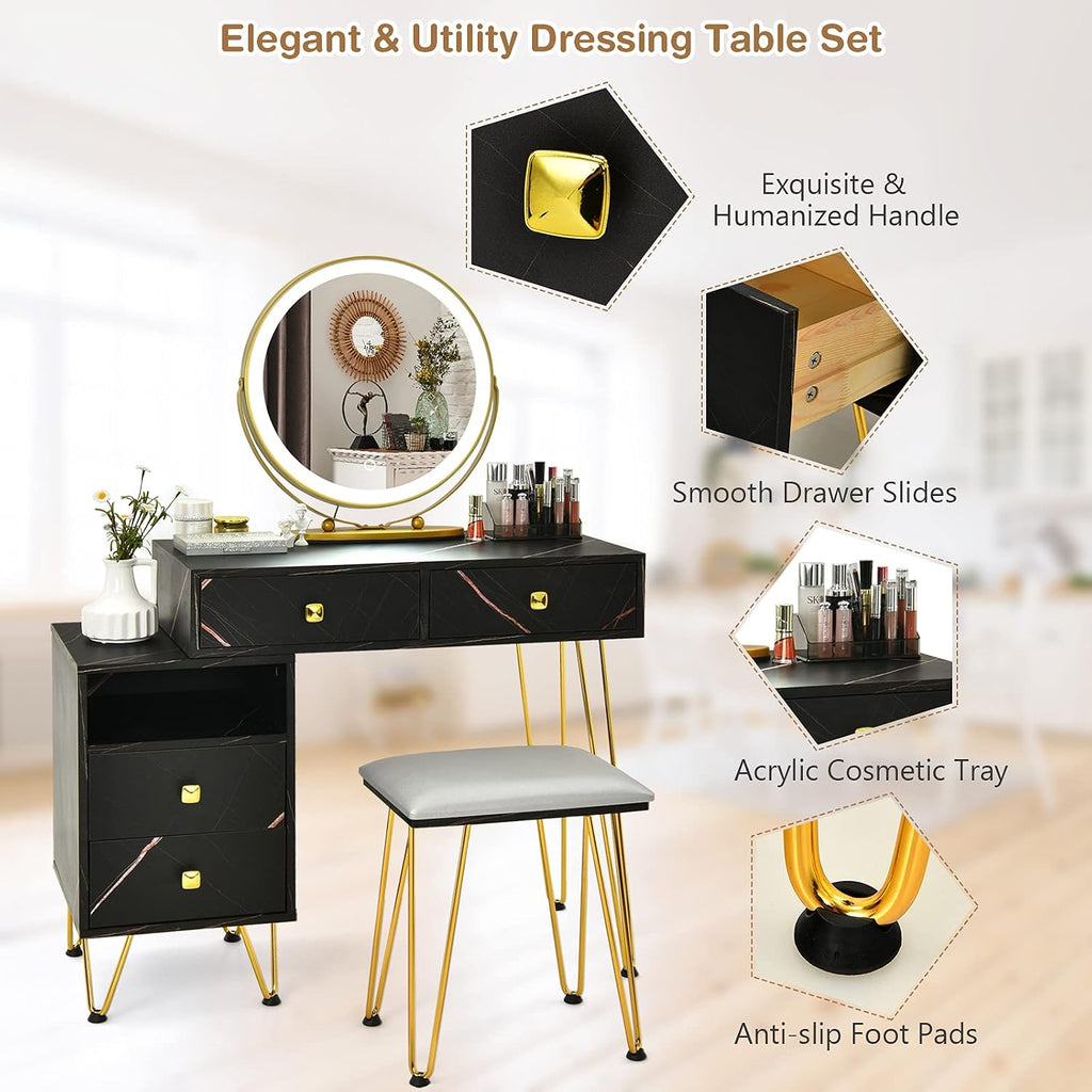 CHARMAID Vanity Desk with Reversible Side Cabinet, Makeup Vanity Table with Lighted Mirror, 3 Color Lights, 4 Drawers, Bedroom Dressing Table with Nightstand and Stool, Marble Black