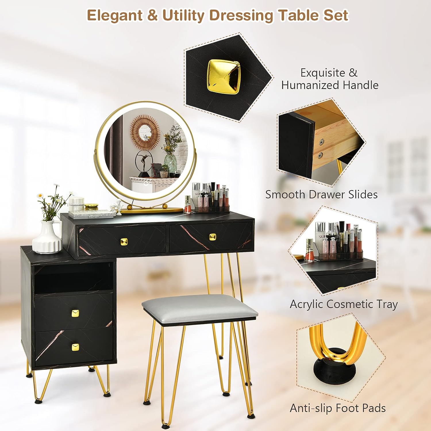 CHARMAID Vanity Desk with Reversible Side Cabinet, Makeup Vanity Table with Lighted Mirror, 3 Color Lights, 4 Drawers, Bedroom Dressing Table with Nightstand and Stool, Marble Black
