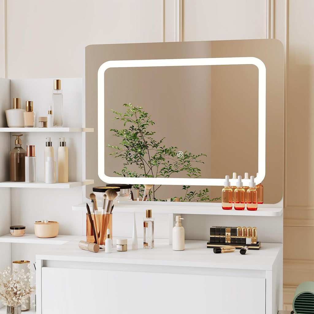 Vanity Desk With Mirror and LED Lights, 36-Inch Makeup Vanity Desk, Power Outlet, USB Ports, Stool, 3 Color Adjustable Light, Dressing Table With 4 Drawers, Storage Shelves for Bedroom, Women (White)