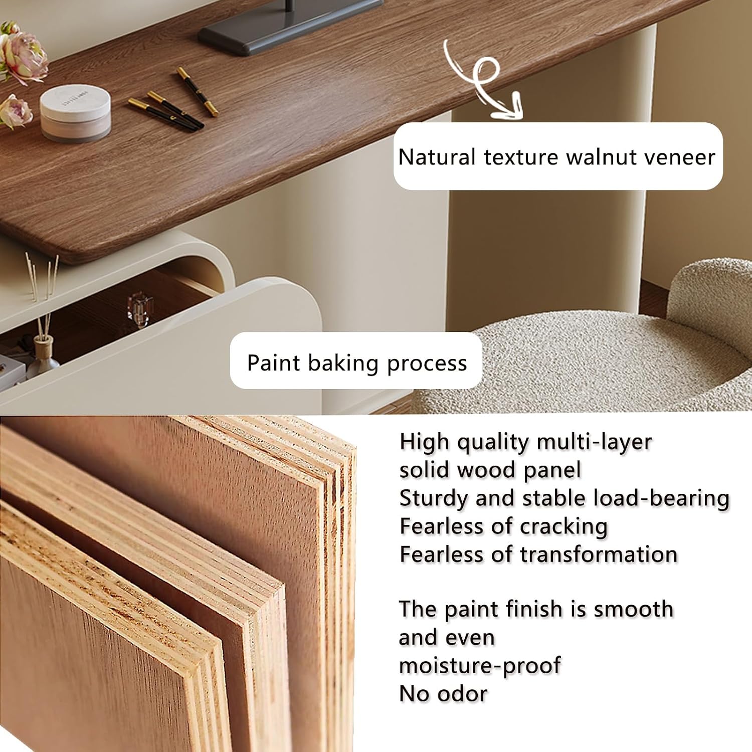 Makeup Vanity Desk ，Spacious Desktop, Three-Tier Side Cabinet, Freely extendable with 90° Corner Rotation, Reinforced Spherical Creative Cabinet Legs, Multi-Layer Solid Wood Frame and Drawers