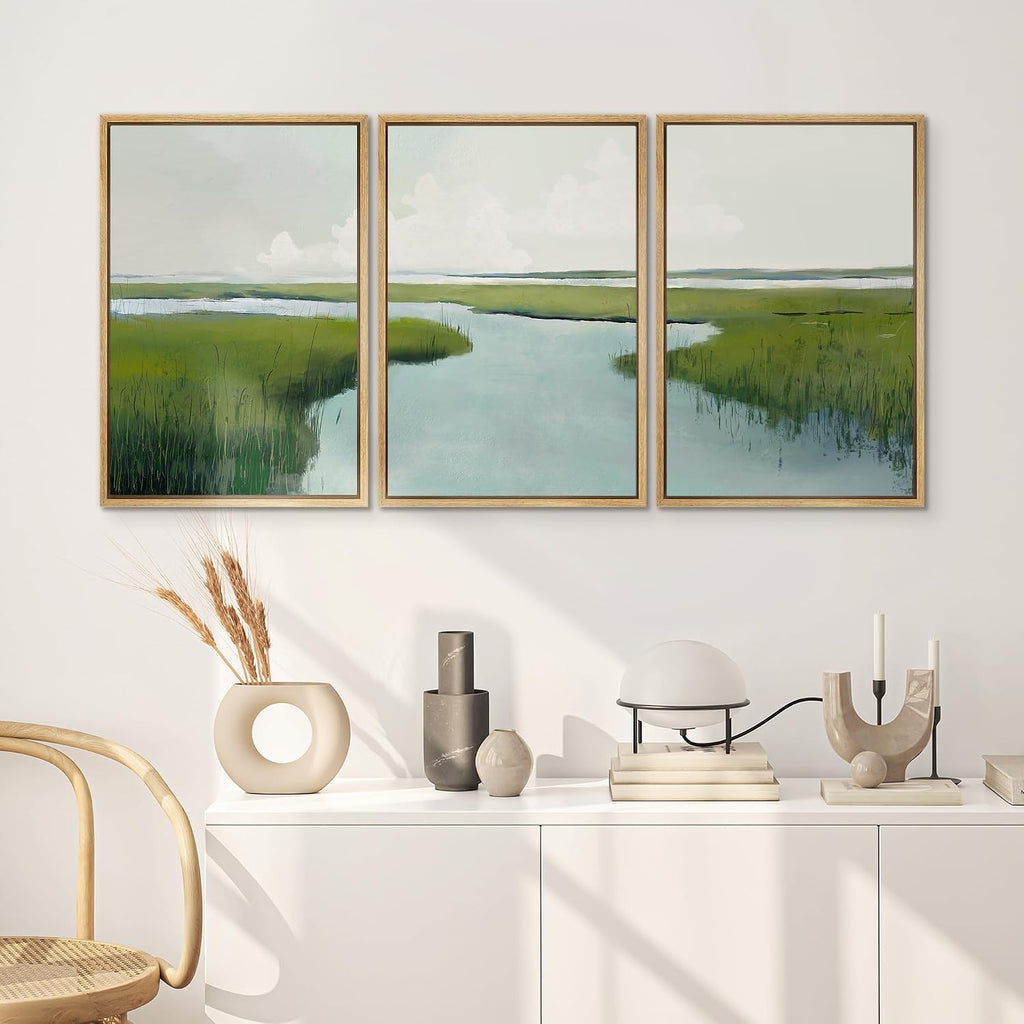 SIGNWIN Framed Canvas Print Wall Art Set Serene Marshland with Green Wetlands and Tranquil Water Illustrations Modern Art Decorative Rustic Zen for Living Room, Bedroom, Office - 16'x24'x3 Natural