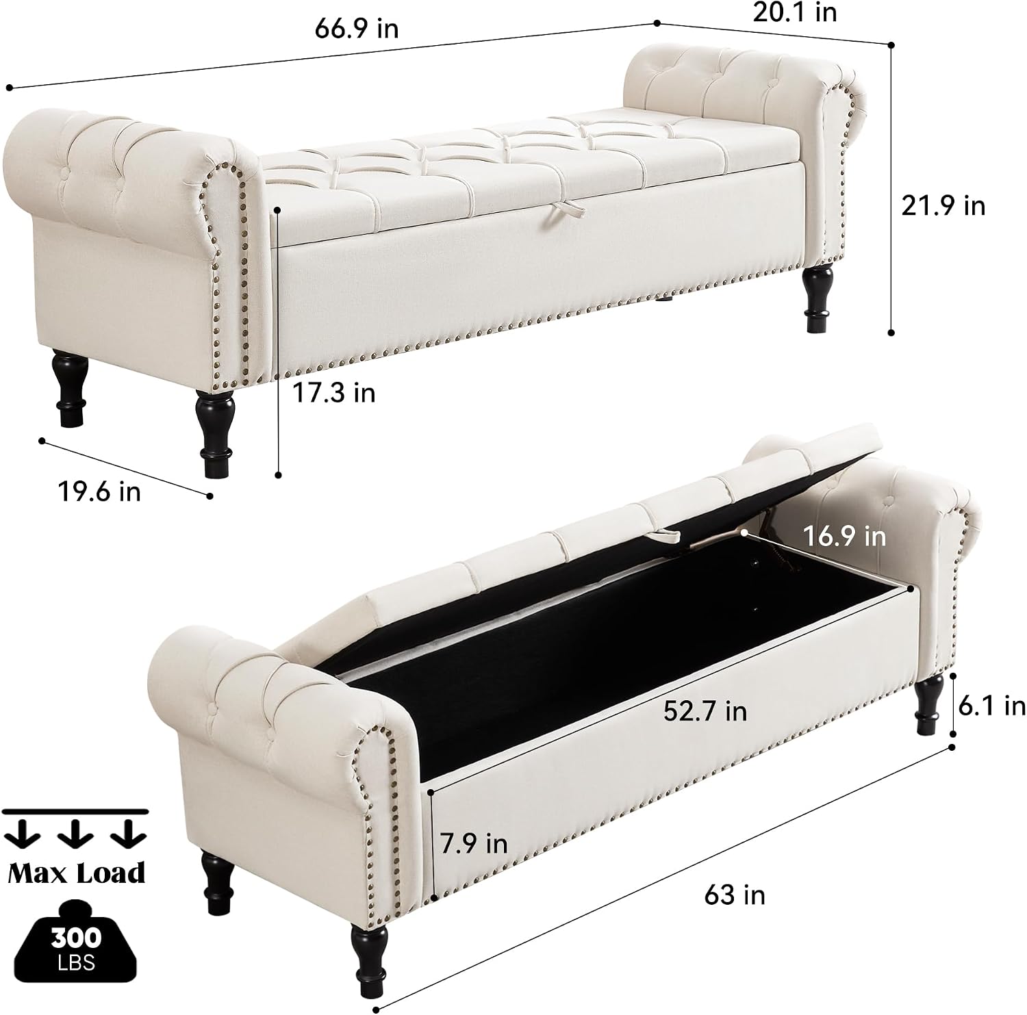 67 Inch Storage Bench for Bedroom, King Size End of Bed Bench, Upholstered Bench with Rolled Arms, Linen Tufted Button Storage Ottoman Benches, Living Room, Entryway, Beige