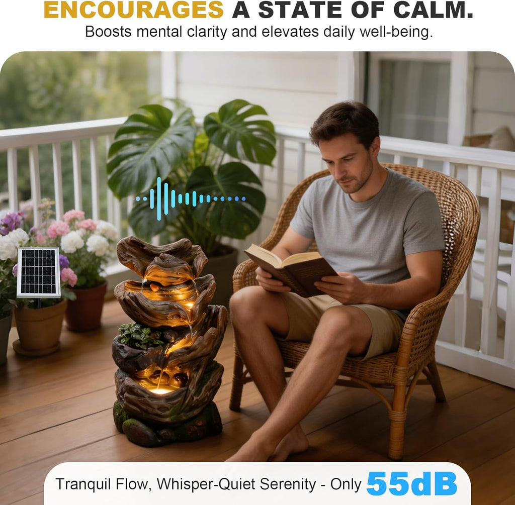 Solar Water Fountain Outdoor, 27' H 4-Tier Realistic Tree Trunk Cascading Waterfall with 4000mAh Battery Backup & 3000K LED Lights, IP64 Weatherproof Resin Fountain for Garden, Patio, Deck Decor