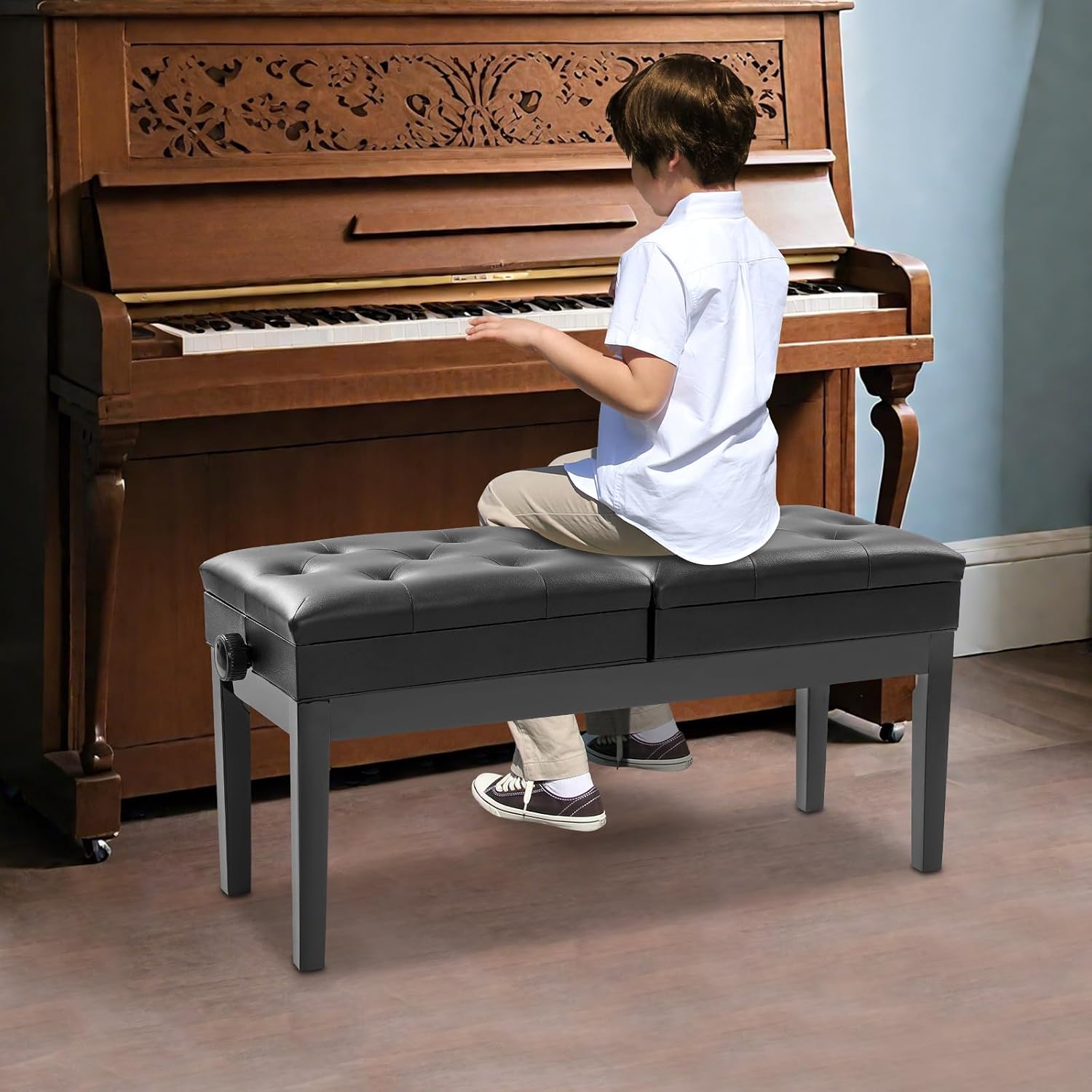 Adjustable Duet Piano Bench with Storage, Wood Keyboard Stool with PU Leather Padded Cushion, Double Seater Piano Chair with High-Density Sponge for Piano, Vanity, Living Room (Black)