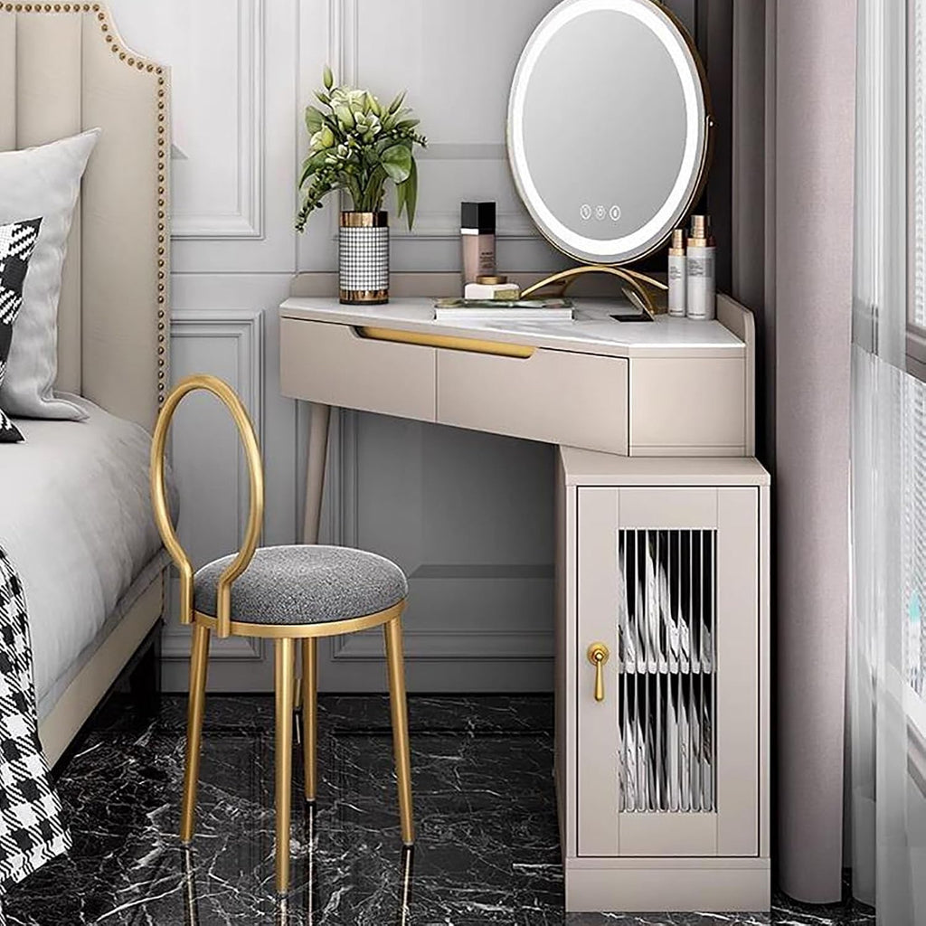 UPGENT Vanity Desk with Touch Screen Lighted Mirror, Corner Vanity Desk Set Dressing Table with 360 ° flippable Mirror Surface for Bedroom Small Spaces, Women Girls