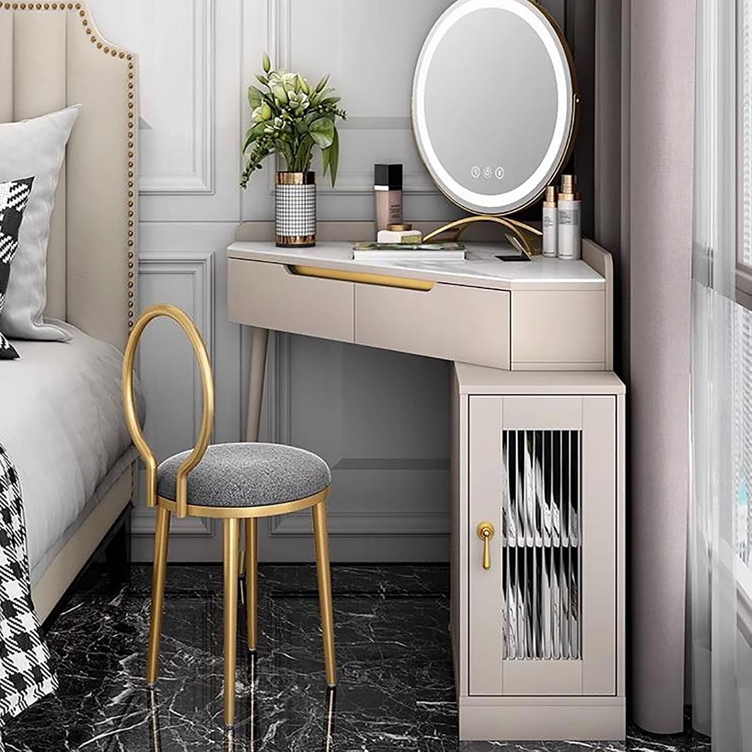 UPGENT Vanity Desk with Touch Screen Lighted Mirror, Corner Vanity Desk Set Dressing Table with 360 ° flippable Mirror Surface for Bedroom Small Spaces, Women Girls