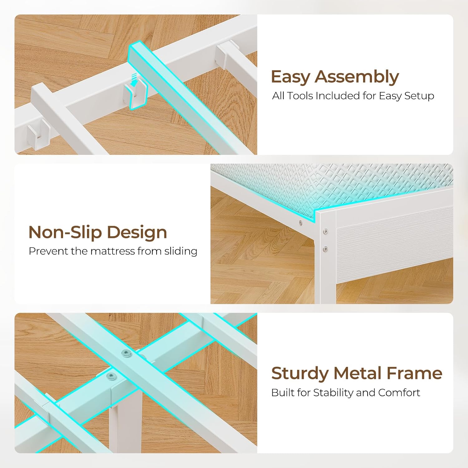 Seventable Bed Frame King Size with Charging Station, LED Bed with Upholstered Storage Headboard, Metal Platform Bed with Under Bed Storage, No Box Spring Needed, Noise Free, Easy Assembly, White