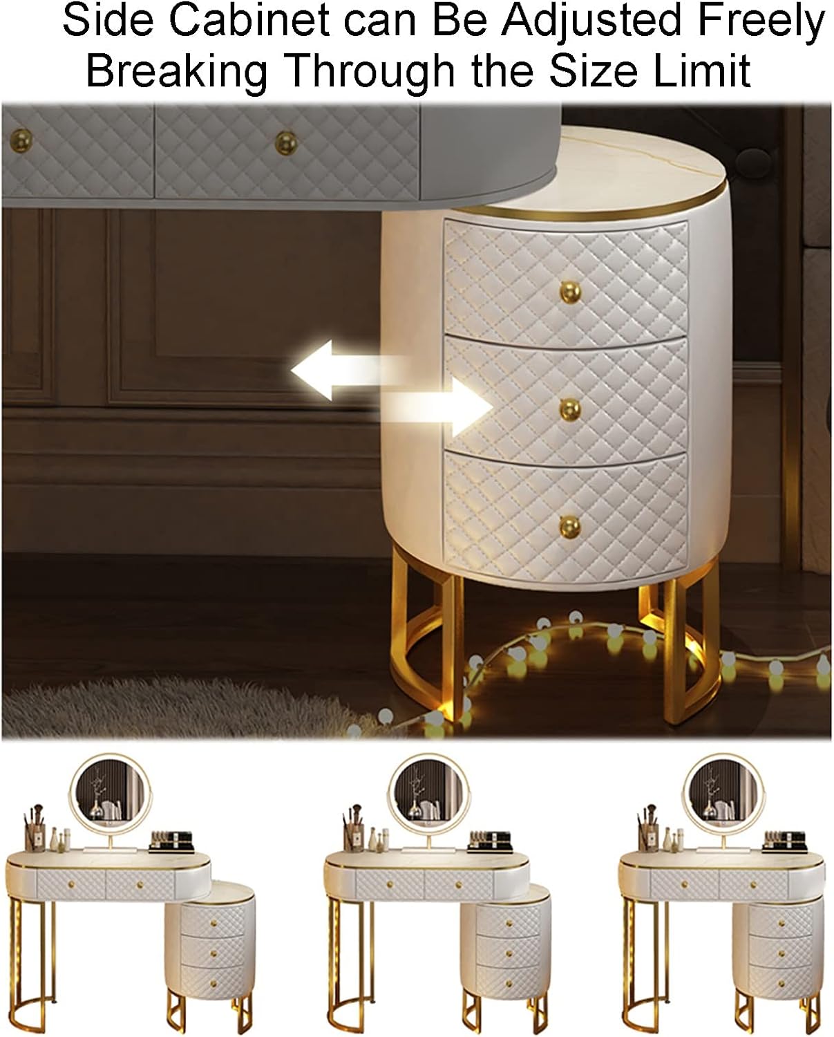 Corner Makeup Table Set Makeup, Women Dresser Table Vanity with 5-6 Drawers, Vanity Dressing Table with 360° Rotating Mirror, Makeup Vanity Benches Vanity Desk ，120cm White Round Stool