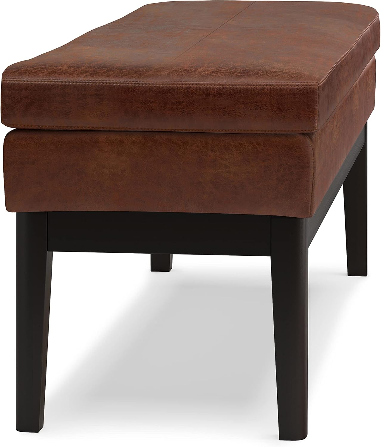 SIMPLIHOME Carlson Ottoman Bench - 45 inch Wide Upholstered Vegan Leather Rectangle Ottoman in Distressed Saddle Brown, Mid Century Modern Bench for Bedroom or Living Room with Padded Seat